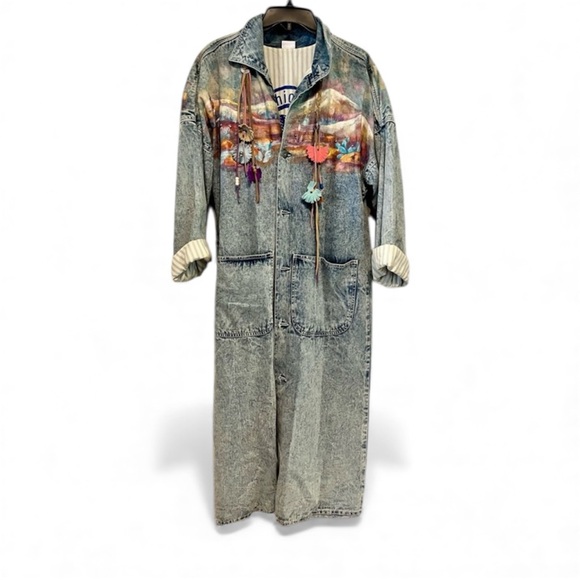 None Jackets & Blazers - Vintage 80s Acid Wash Denim Painted Art Duster Artist Signed M Brumley